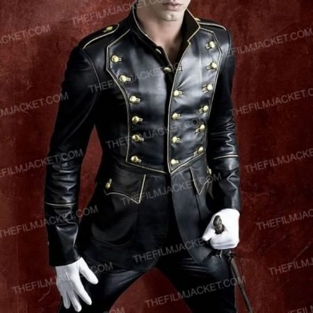 Men Black Military Style Leather Coat