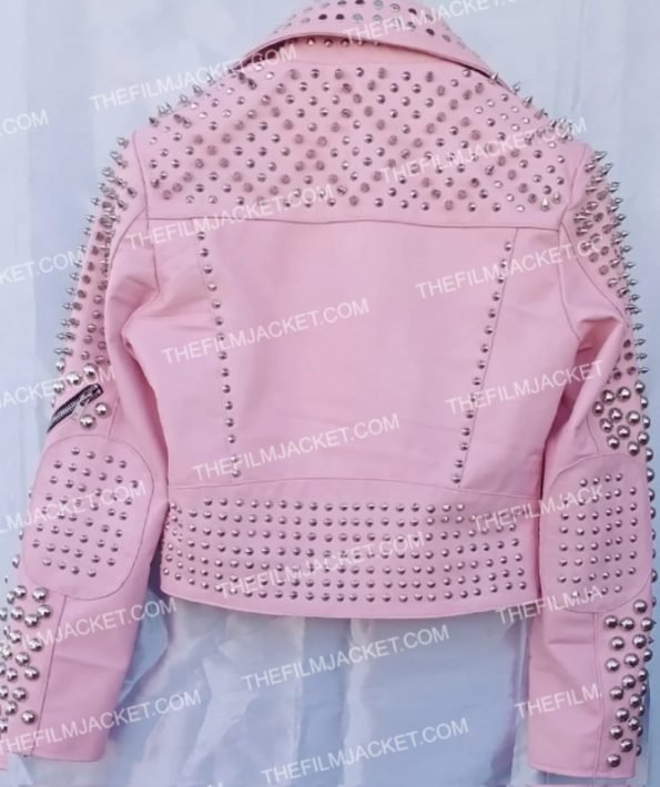Women Pink Studded Leather Biker Jacket