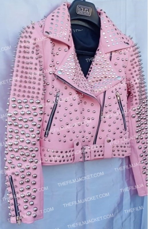 Women Pink Studded Leather Punk Biker Jacket