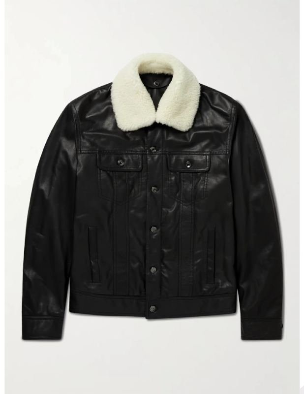 Shearling Trimmed Padded Leather Jacket
