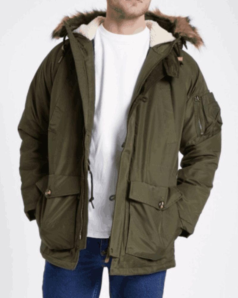 Mens Lee Dark Green Fur Trim Parka Jacket