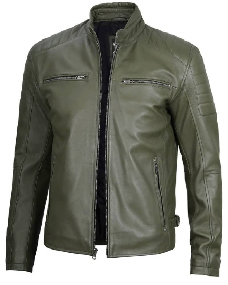 Military Green Cafe Racer Leather Jacket for Men - tfj