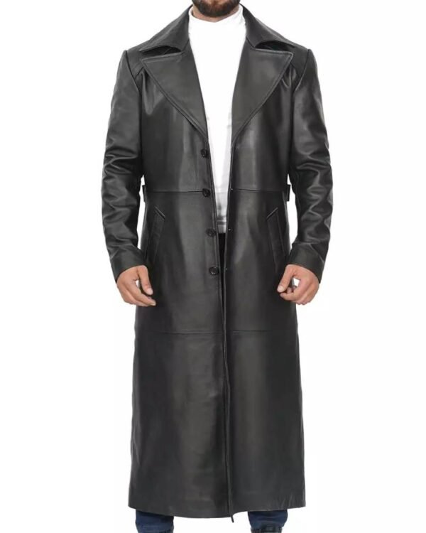 Men’s Full-length Black Leather Trench Coat-tfj