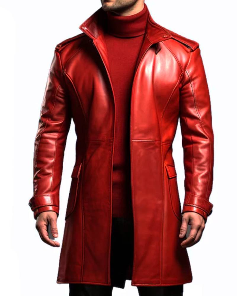 Men’s Designer 100% Red Real Leather Coat- tfj
