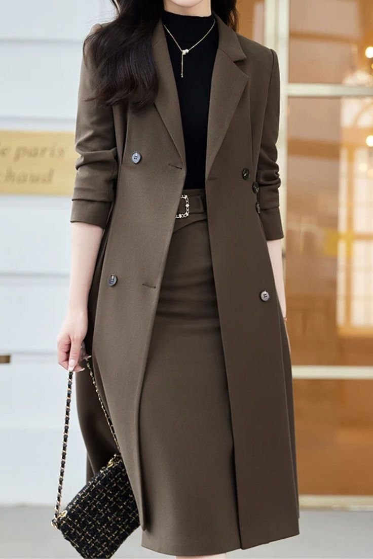 Double-Breasted Long Blazer Coat (Olive/Brown) -tfj