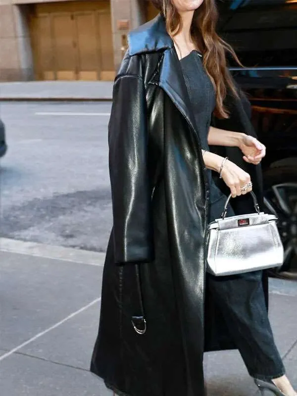 🧥 Alison Brie Black Leather Trench Coat – Together (2025)