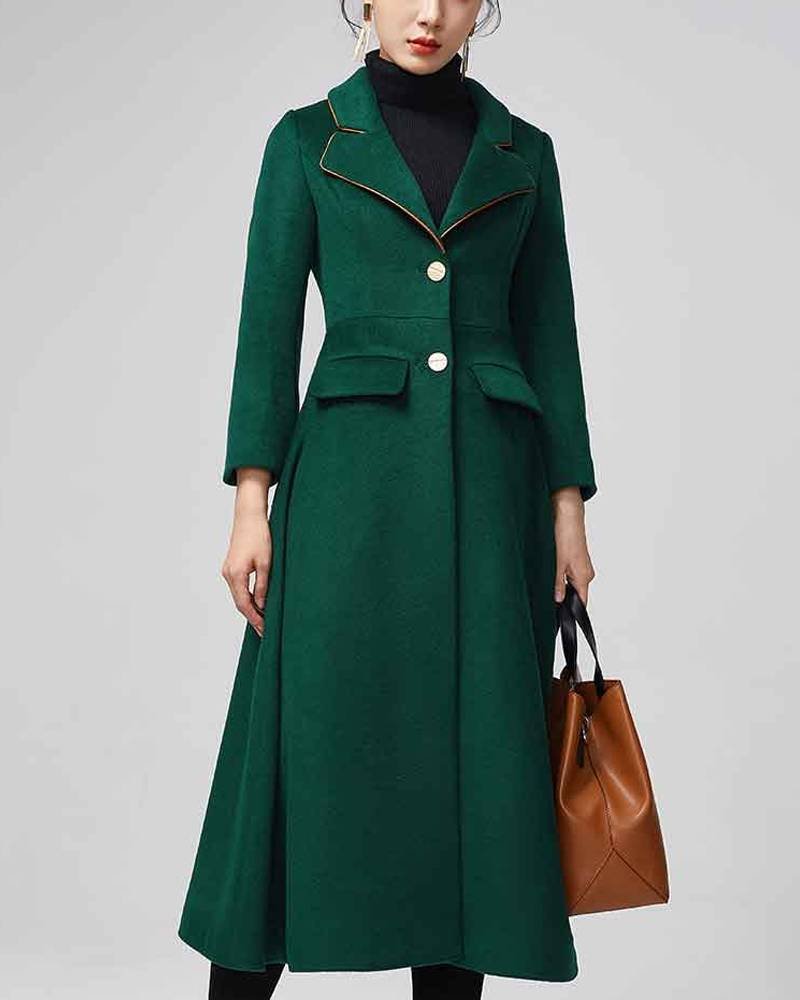 Women’s Green Maxi Wool Coat -tfj
