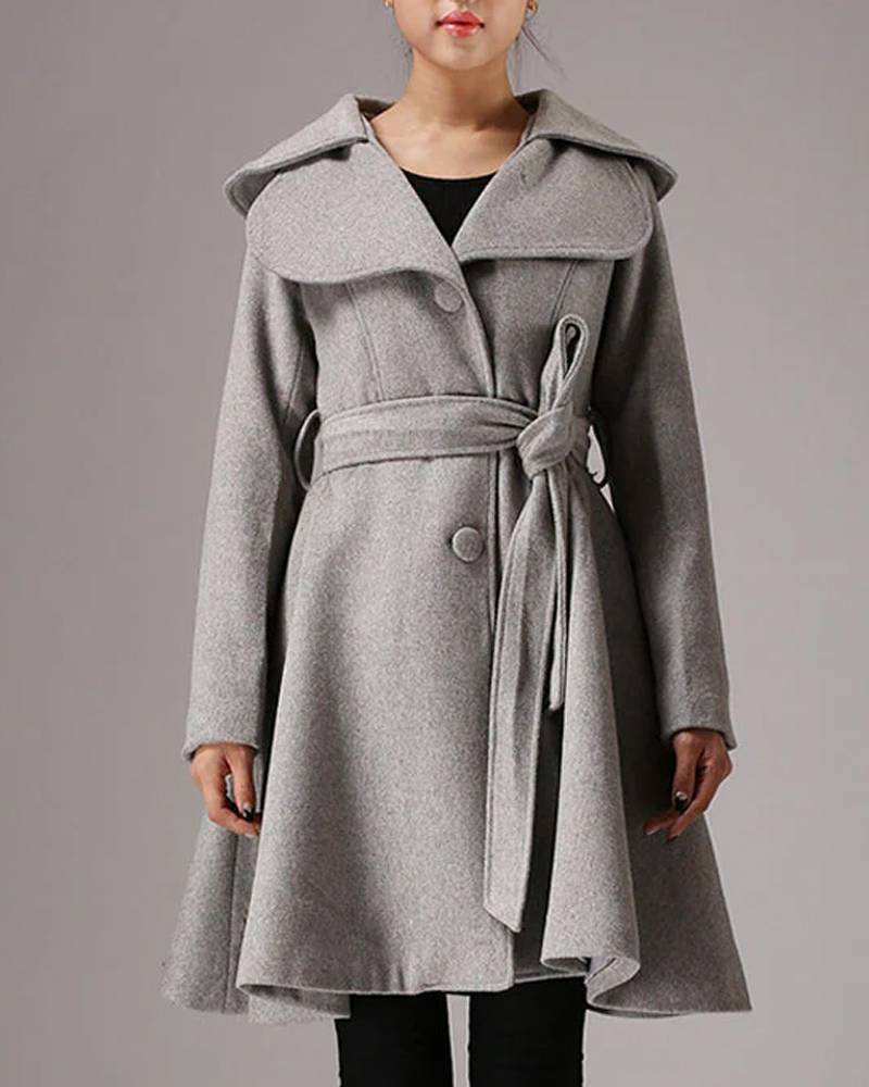 Women’s Mid-Length Gray Belted Wool Coat-tfj