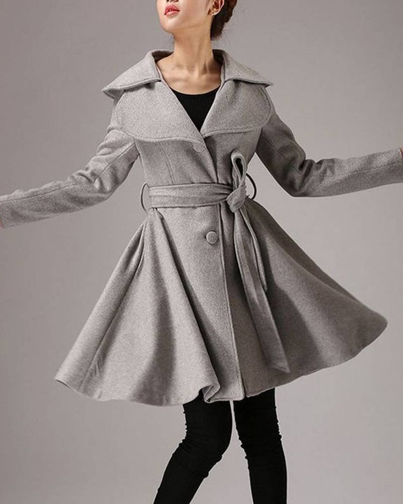 Women’s Mid-Length Gray Belted Wool Coat-tfj