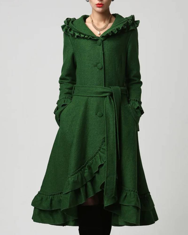 Women’s Green Wool Maxi Coat With Hood-tfj