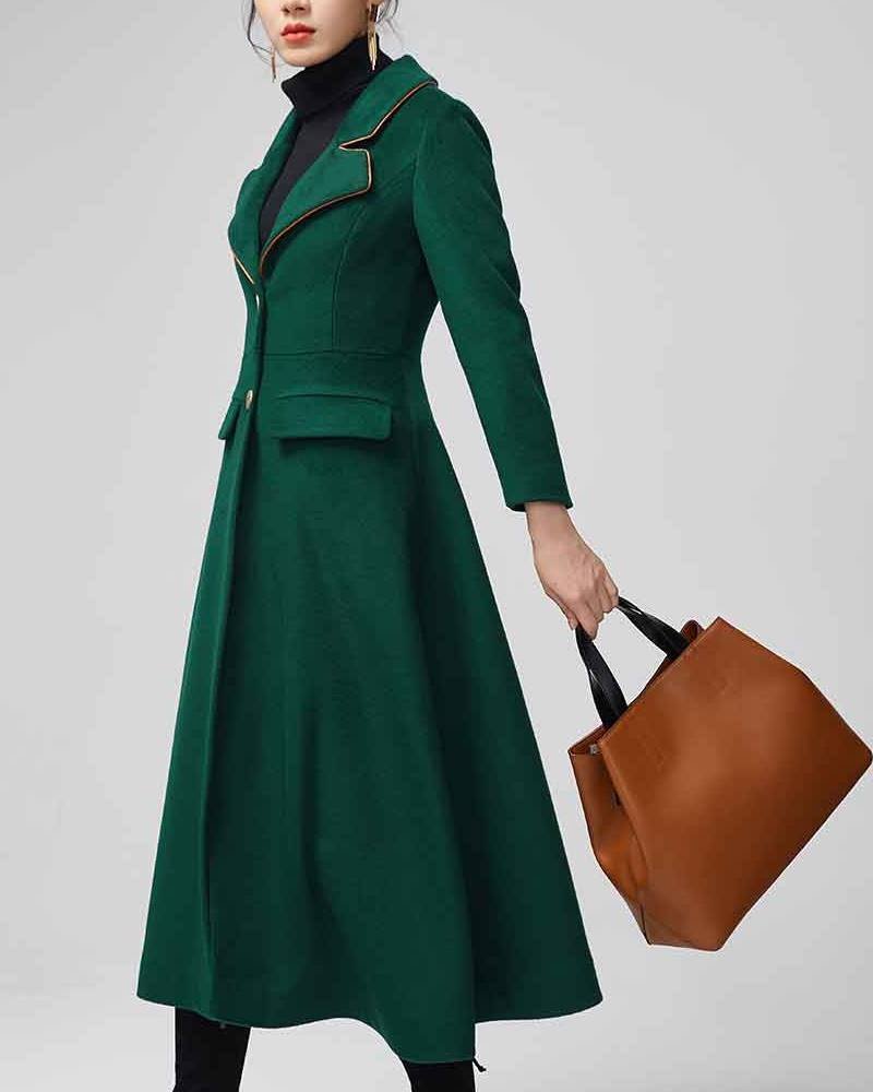 Women’s Green Maxi Wool Coat -tfj