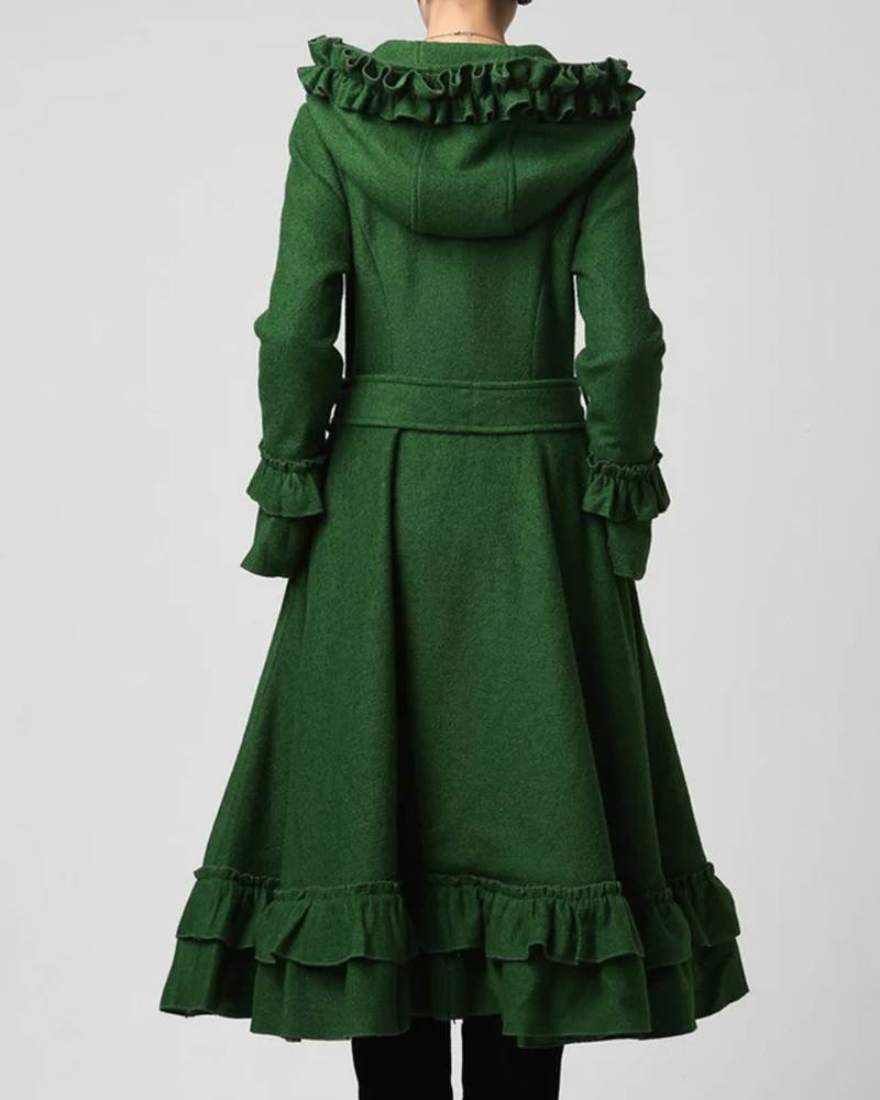Women’s Green Wool Maxi Coat With Hood-tfj