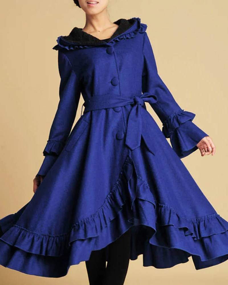 Women’s Blue Wool Maxi Coat With Hood