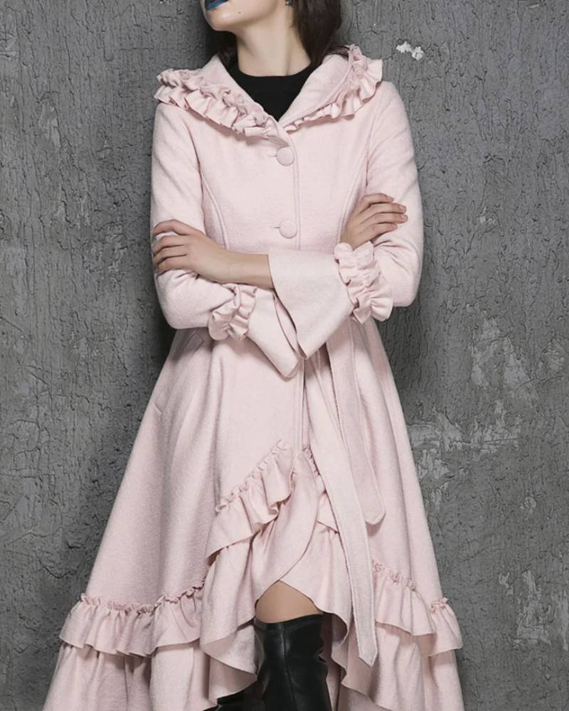 Women’s Wool Pink Maxi Coat With Hood-tfj