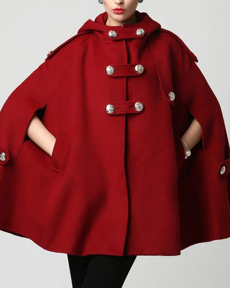 Women’s Classic Red Wool Hooded Cape-tfj