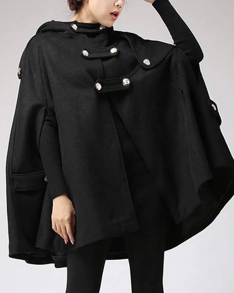 Women’s Classic Black Wool Hooded Cape-tfj
