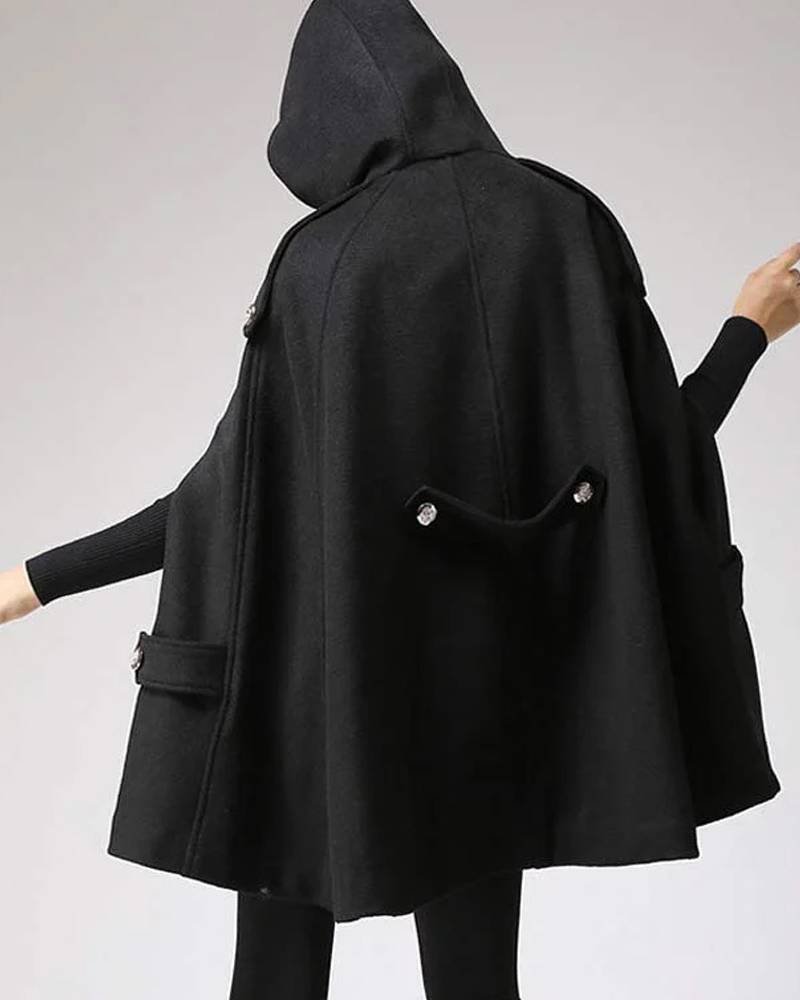 Women’s Classic Black Wool Hooded Cape-tfj
