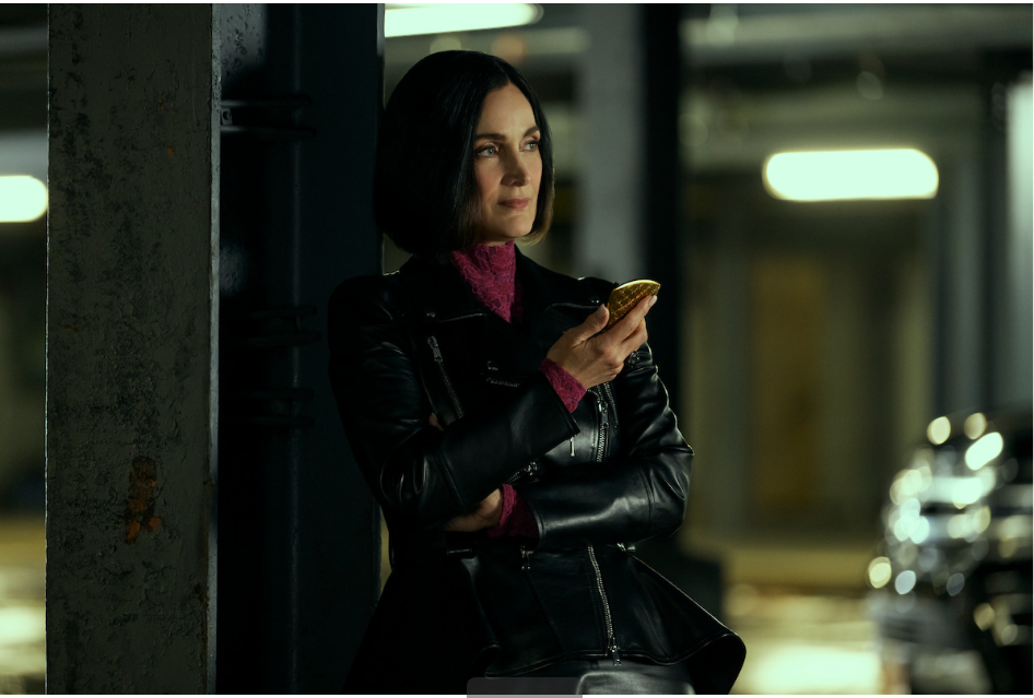 🧥 Greta’s Shadowhide Moto – Black Leather Jacket Worn by Carrie-Anne Moss | FUBAR Season 2