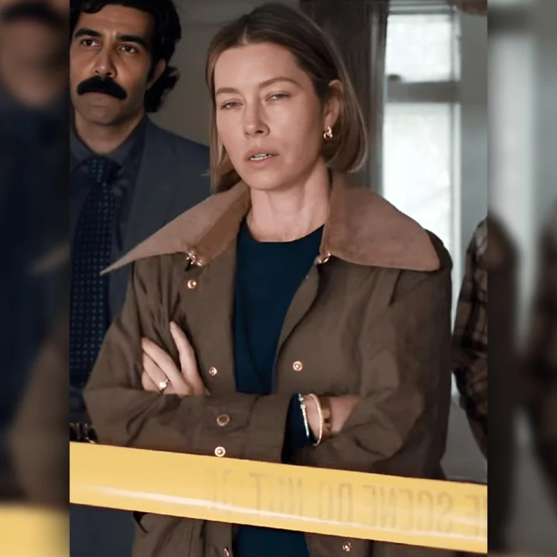 "Jessica Biel The Better Sister Jacket 2025 – Brown Trench Coat (TV Show Exact Style)"