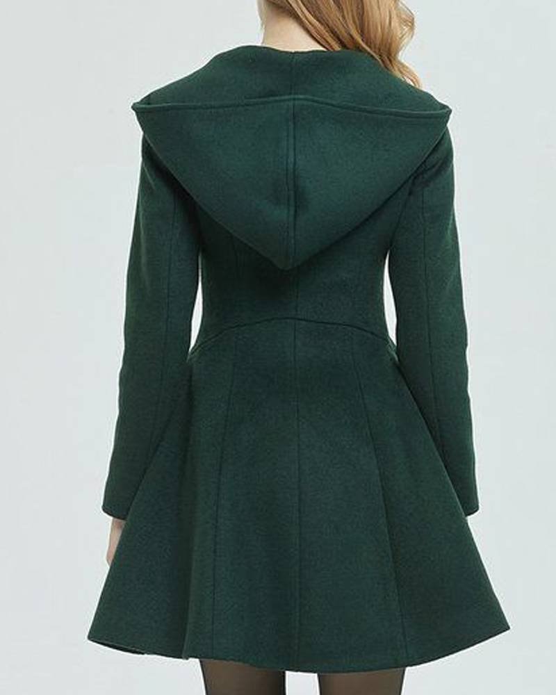 Women’s Forest Green Swing Hooded Wool Coat -tfj