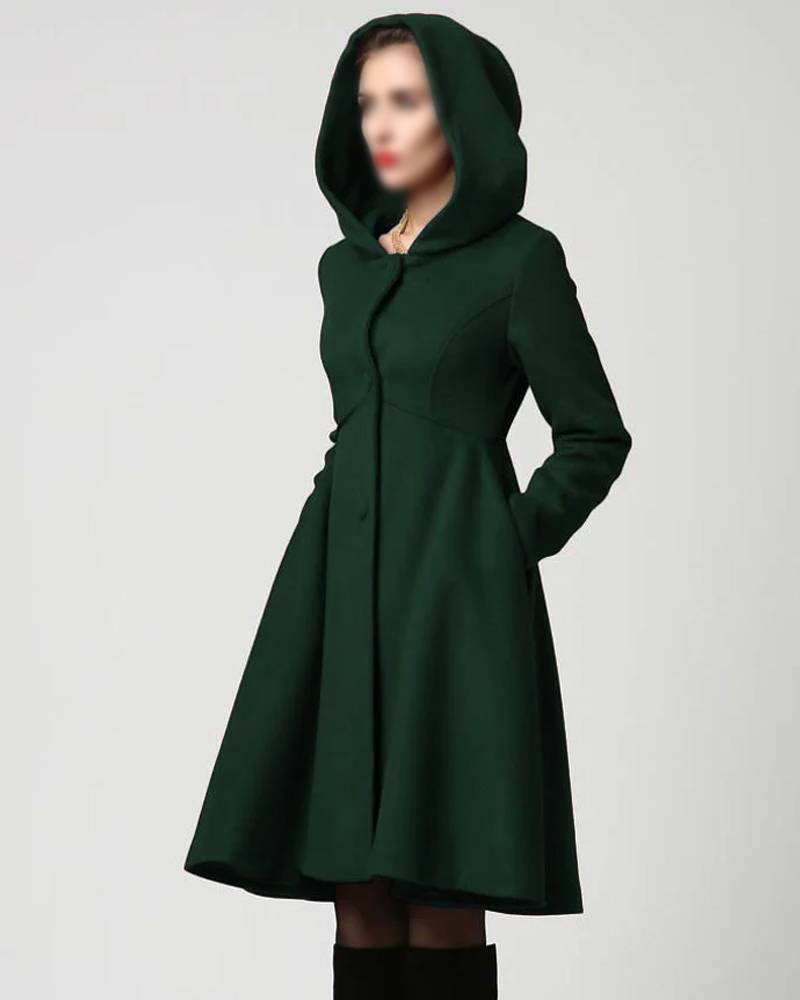 Women’s Forest Green Swing Hooded Wool Coat -tfj