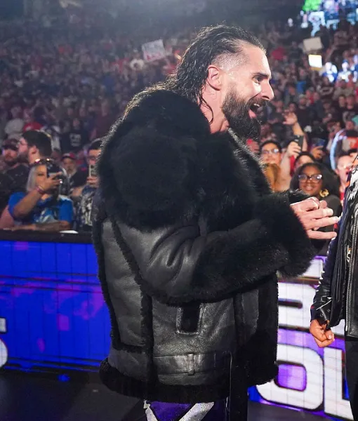 Seth-Rollins-WWE-Monday-Night-RAW-May-05-2025-Black-Fur-Cuffs-Collar-Leather-Jacket-in-Black