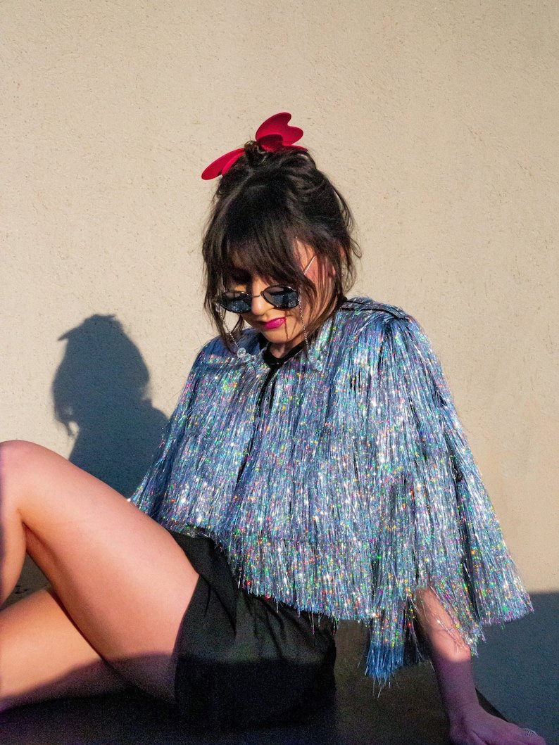 Holographic Silver Tinsel Fringe Crop Jacket