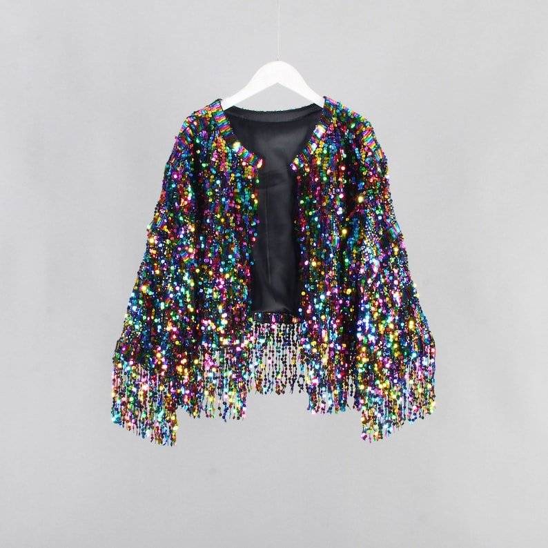 rainbow sequins fringe jacket -tfj