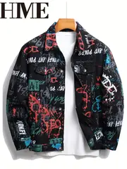 Men’s Korean Style Loose Fit Graffiti Denim Jacket – Pure Cotton, Trendy Streetwear with Patches - tfj