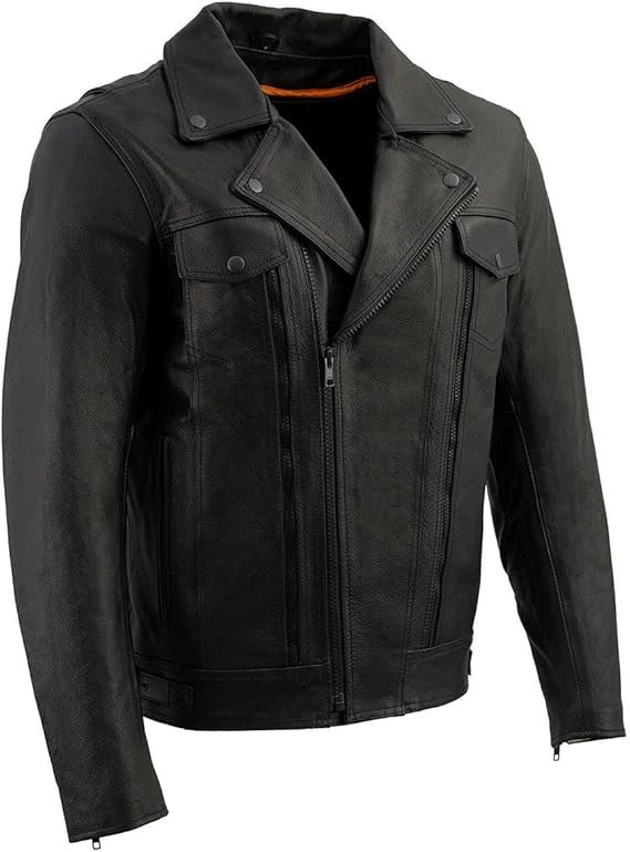 Milwaukee Leather LKM1760 Men’s Black Leather Motorcycle Rider’s Jacket with Multi-Utility Pockets - tfj