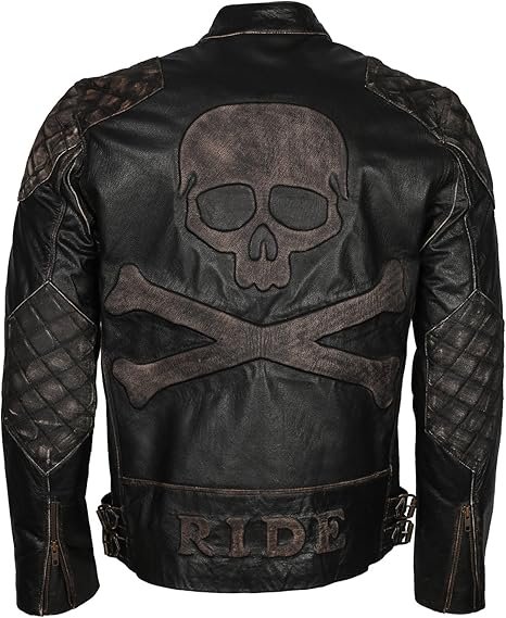 Men’s Skull & Bones Black Distressed Leather Vintage Motorcycle Cowhide Jacket - tfj