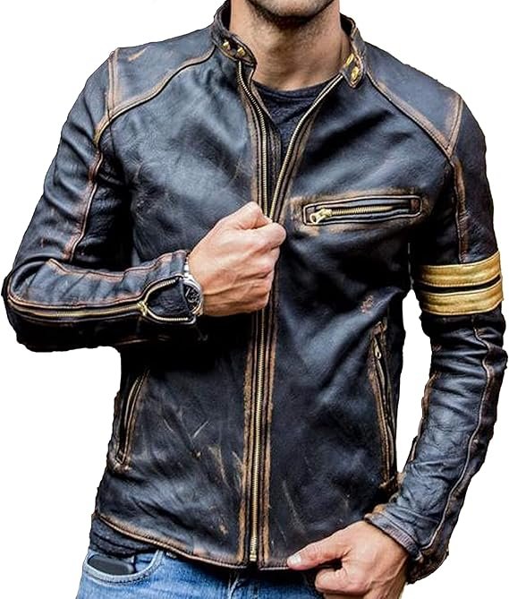 Motorcycle Black Leather Jacket Men - Vintage Biker Cafe Racer Real Lambskin
