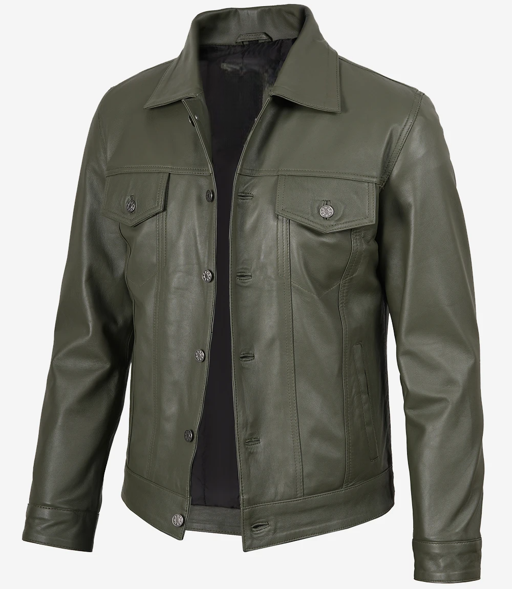 Mens-Four-Pockets-Olive-Green-Trucker-LeatherJacket
