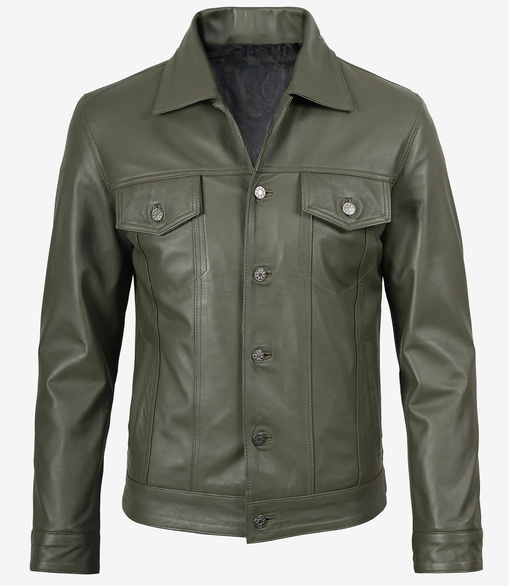 Urban Ranger Olive Trucker Leather Jacket – Men’s Four Pocket