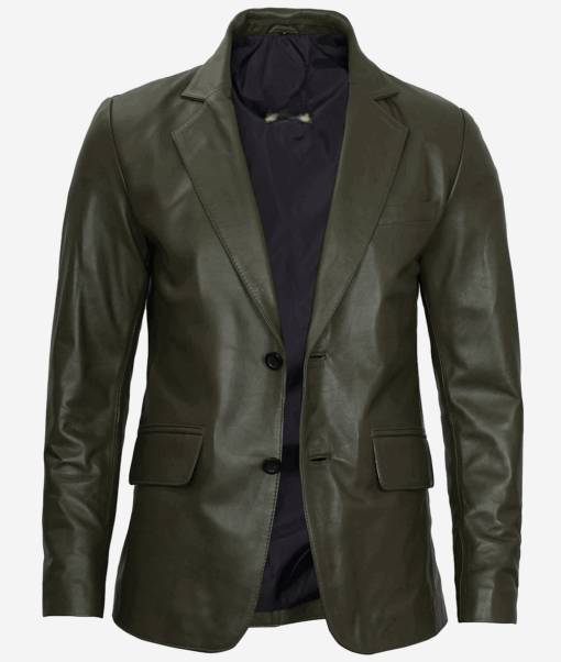 Verdant Edge – Men’s Olive Green Leather Blazer