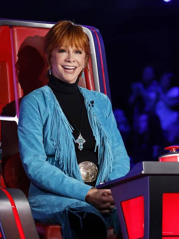 Reba McEntire The Voice S28 Blue Suede Fringe Coat