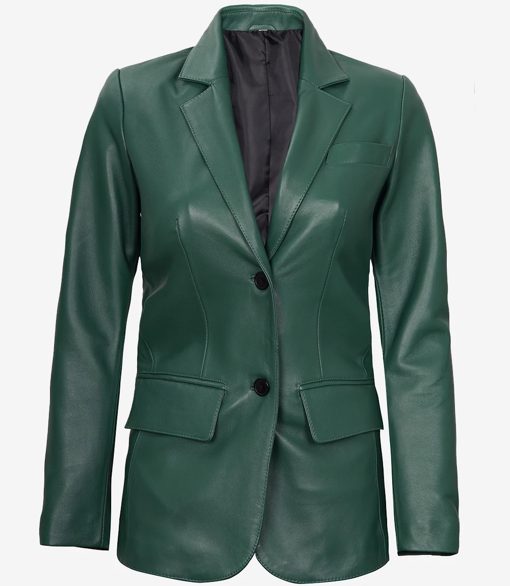 Verdant Grace – Women’s Two-Button Green Leather Blazer