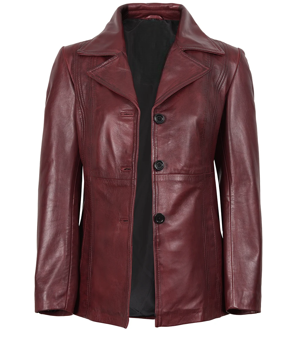 Crimson Curve – Women’s Three-Button Leather Blazer
