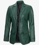 Womens-Button-Green-Leather-Blazer